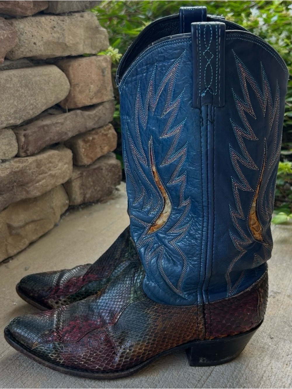 Vintage Dan Post Rainbow Python Cowboy Boots Womens 8 M Exotic Snakeskin Blue